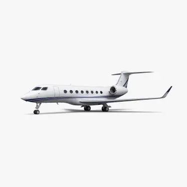 Sleek white Gulfstream G650 private jet with blue accent stripes on neutral background
