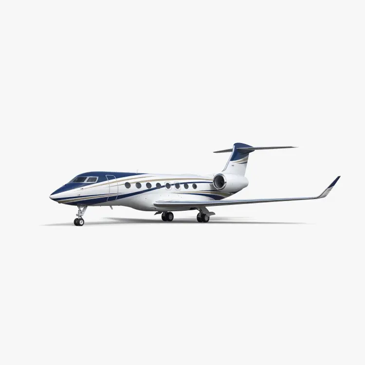Gulfstream G650ER luxury private jet with white fuselage and navy blue accents on clean background