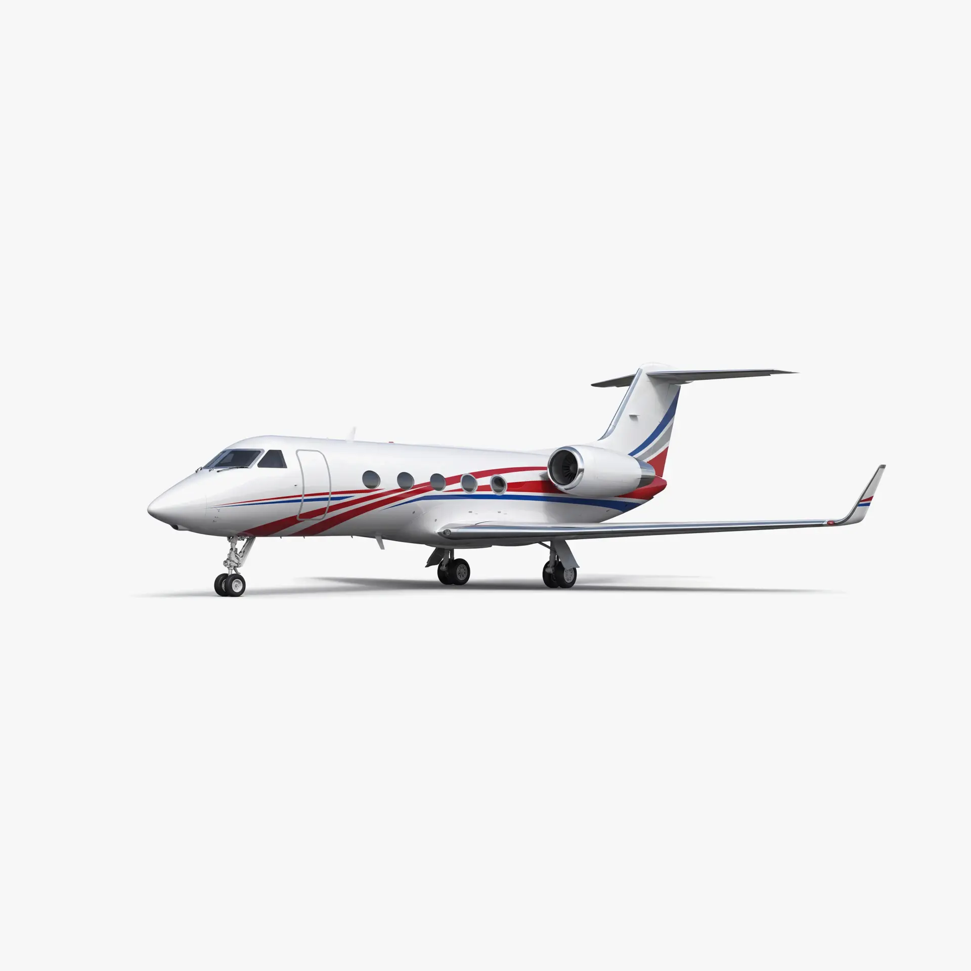 White Gulfstream GII private jet with red and blue striping on clean background, showcasing luxury aircraft