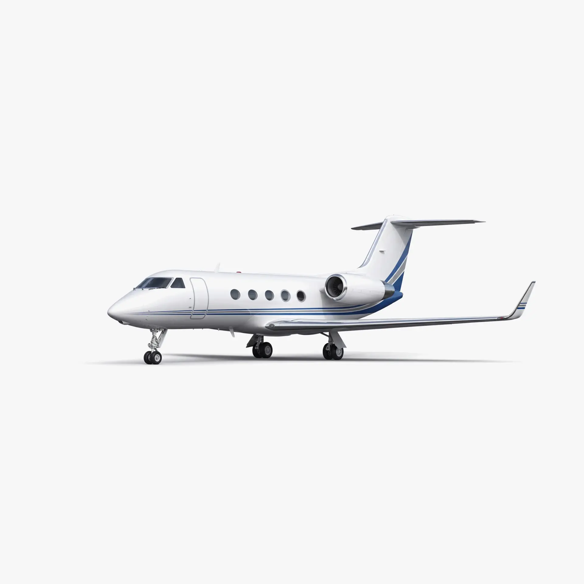 White Gulfstream GIII private jet with blue accent stripes on clean background, showcasing luxury aircraft