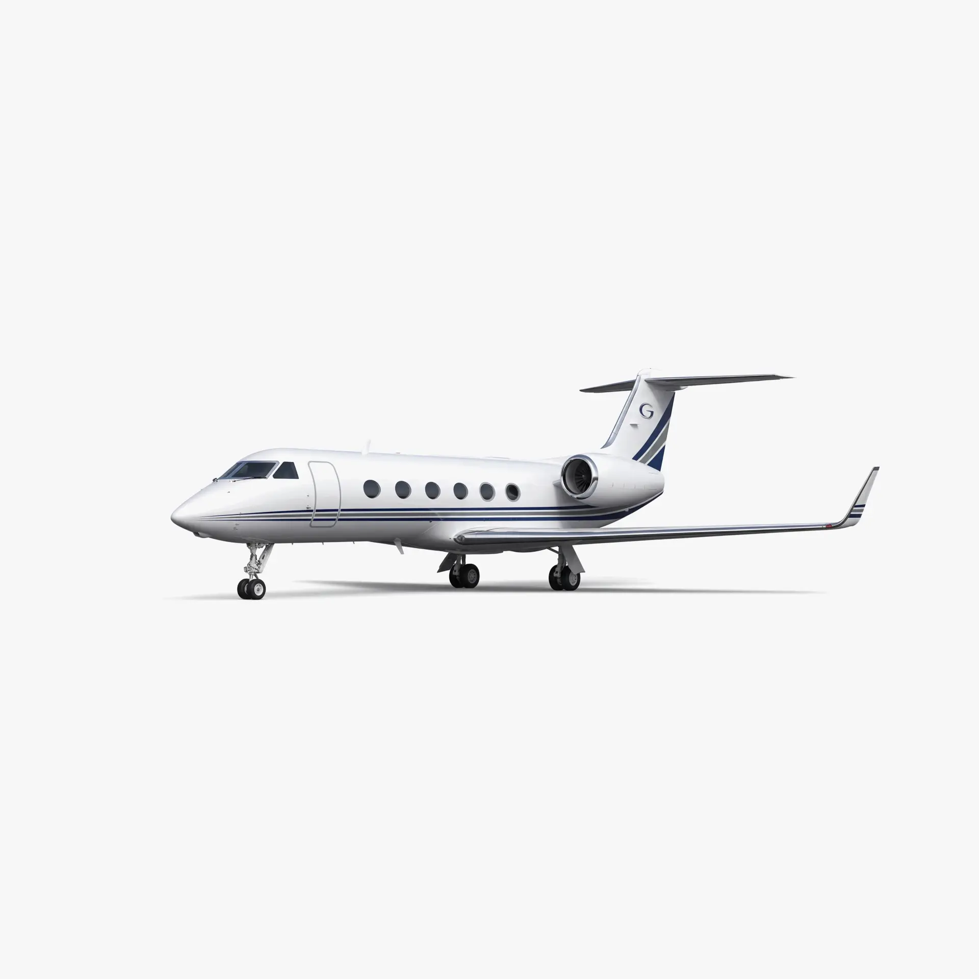 White Gulfstream GIV business jet with blue accent stripes on tail, six passenger windows, T-tail design