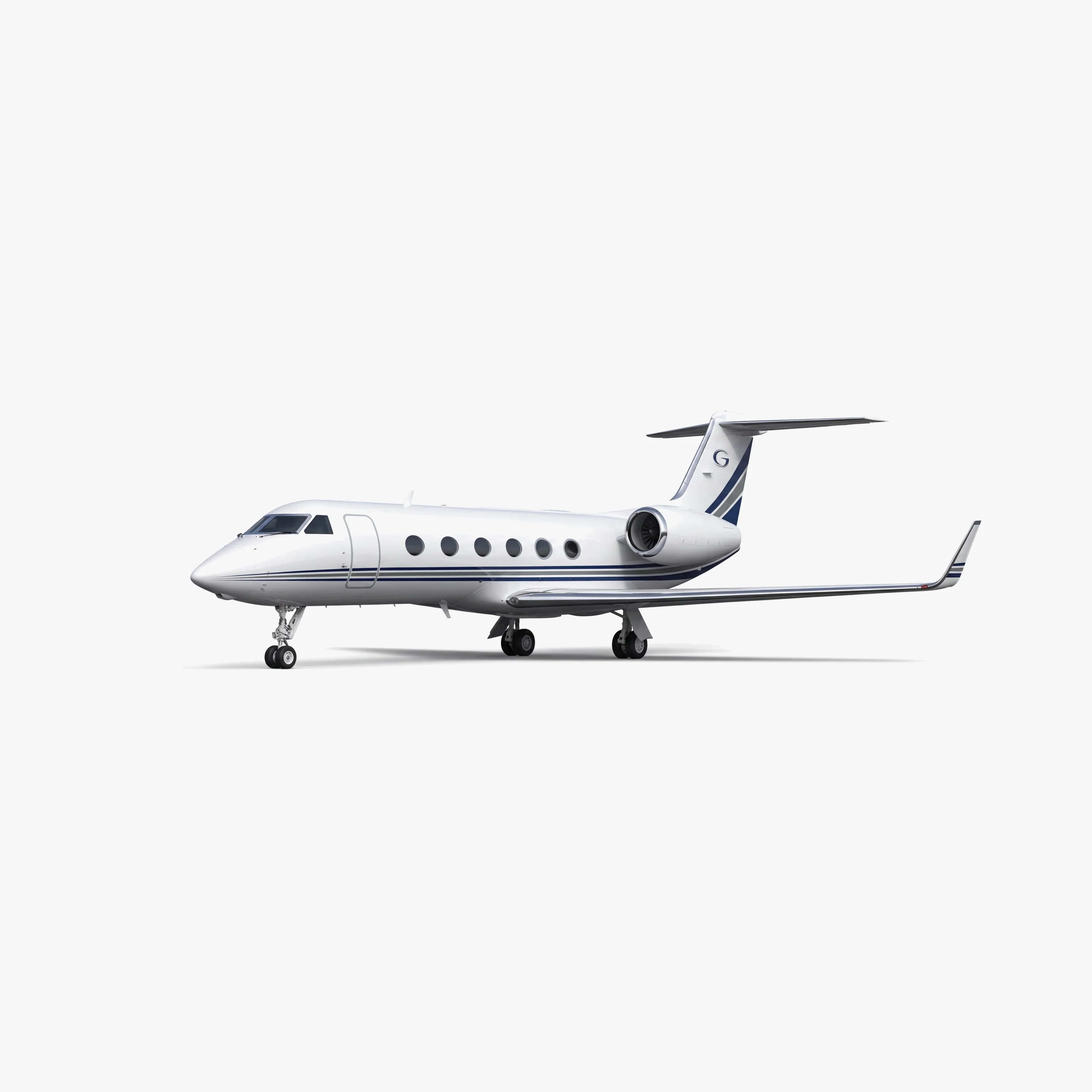 White Gulfstream GIV business jet with blue accent stripes on tail, six passenger windows, T-tail design