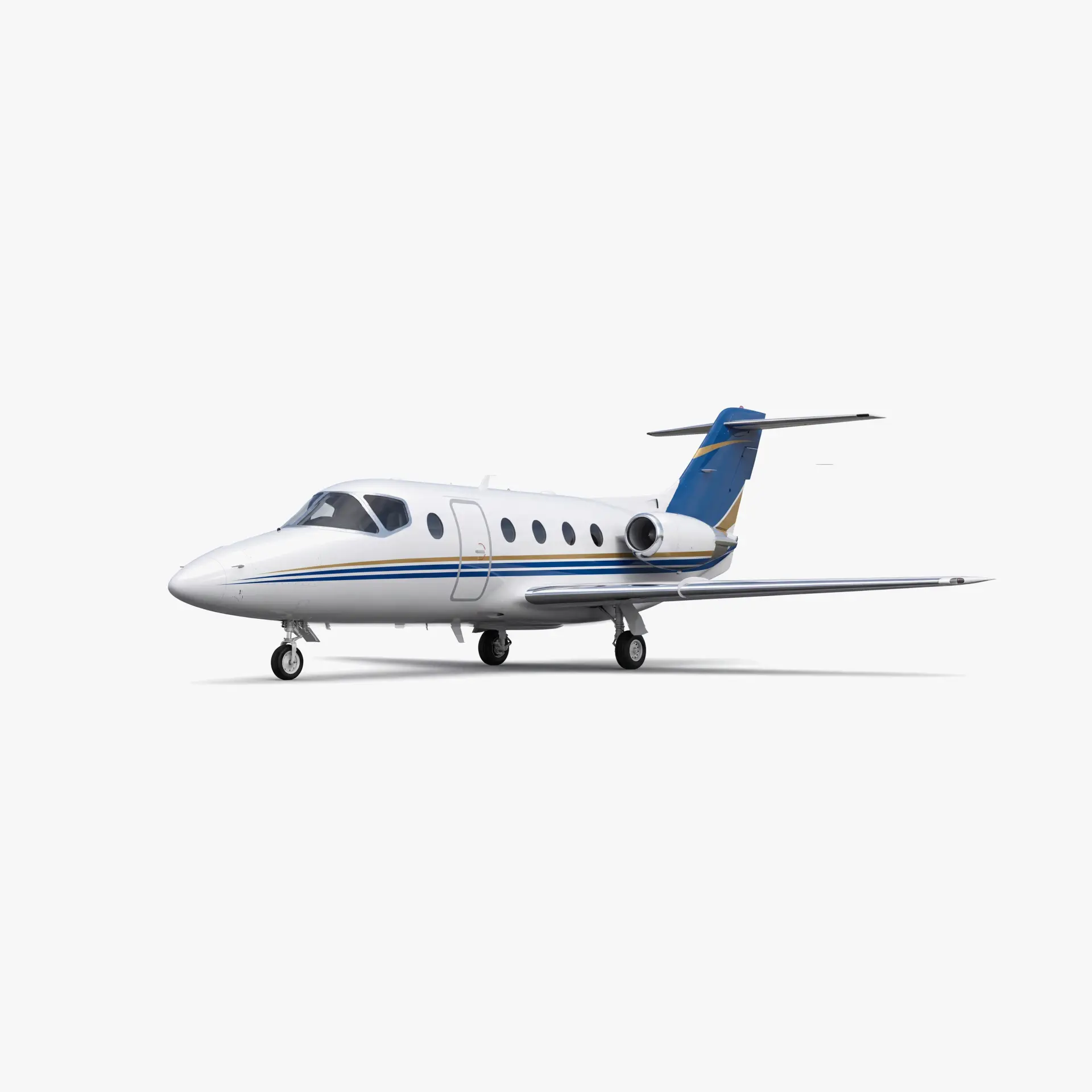 White Hawker 400 light jet with blue and gold accent stripes on fuselage and tail in 3D render