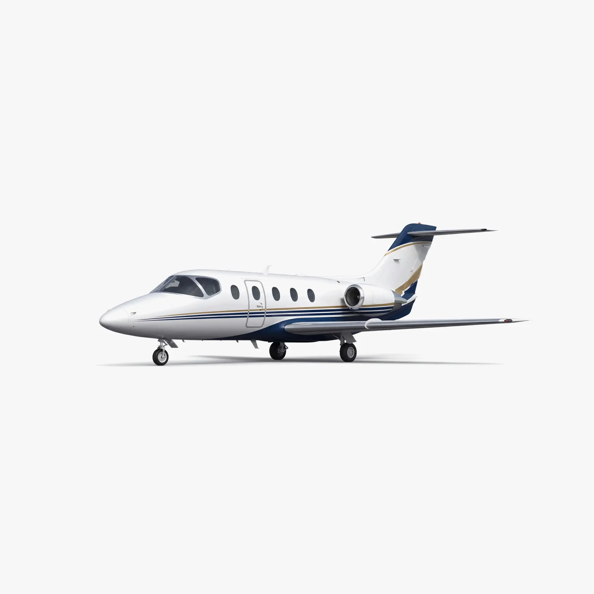 White Hawker 400A light jet with blue and gold accent stripes on neutral background