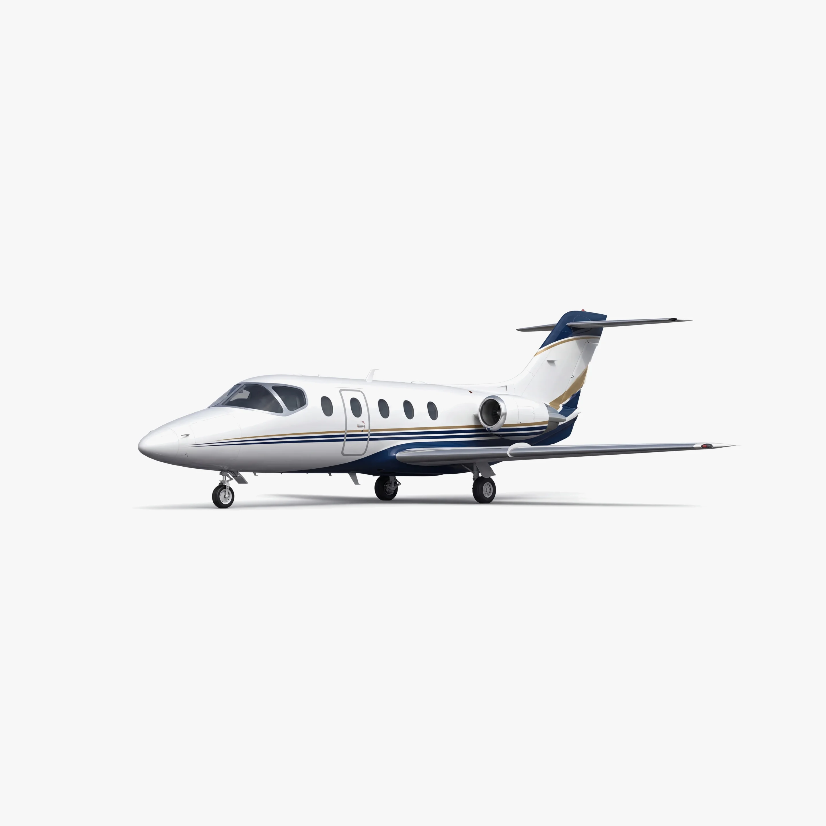 White Hawker 400A light jet with blue and gold accent stripes on neutral background