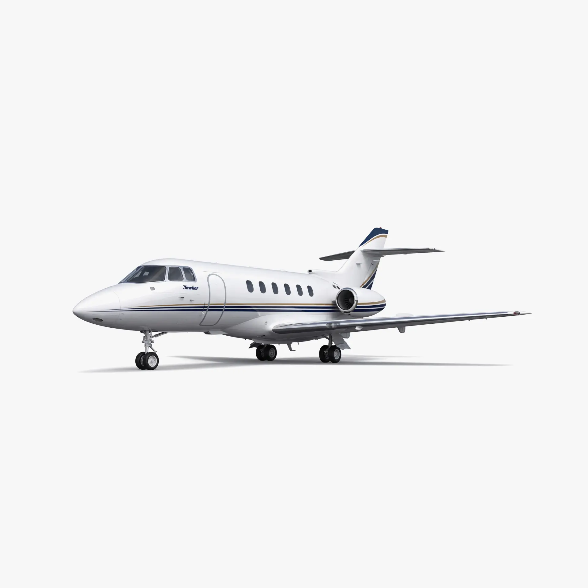 Hawker 750 mid-size business jet with white fuselage and blue accent stripes on clean white background