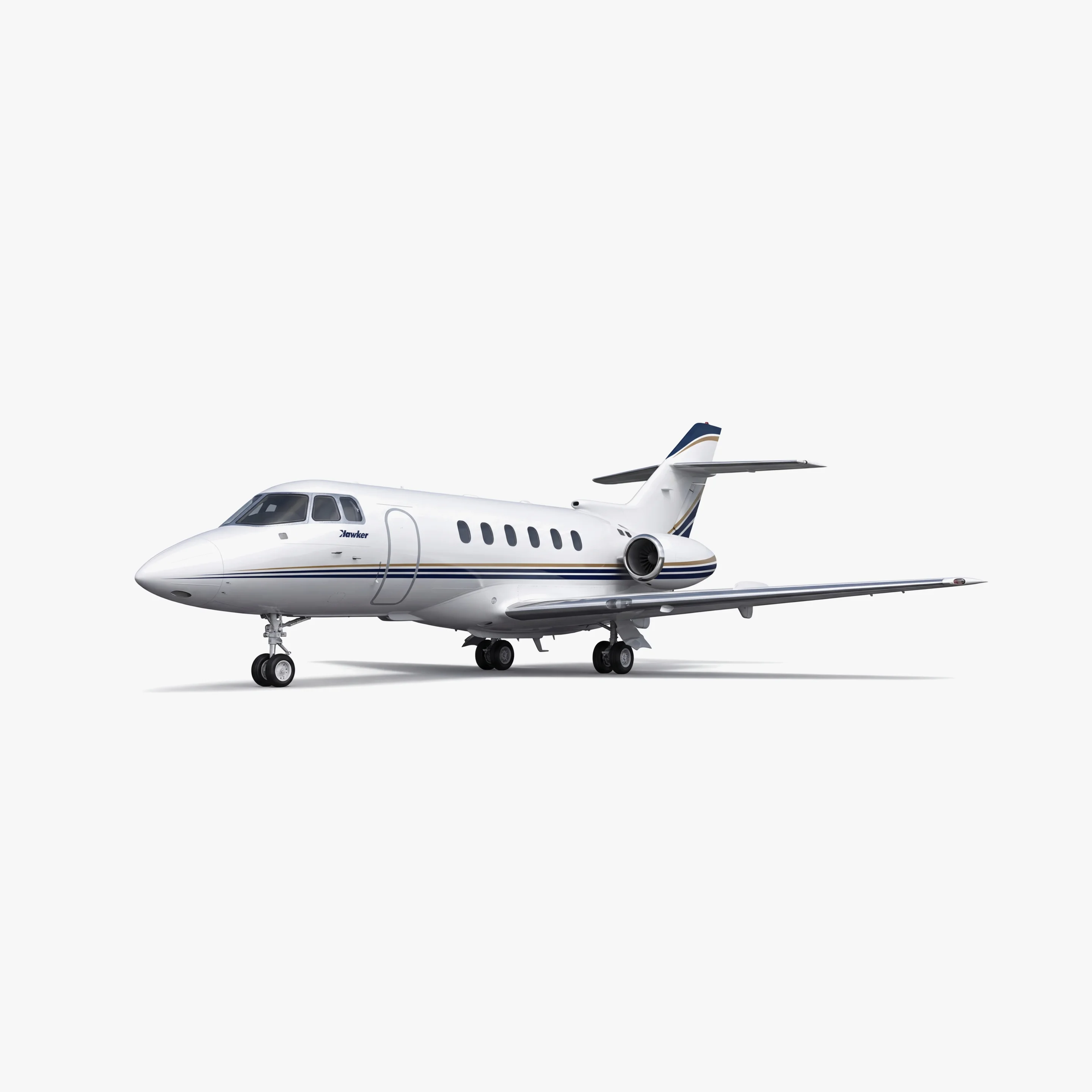Hawker 750 mid-size business jet with white fuselage and blue accent stripes on clean white background