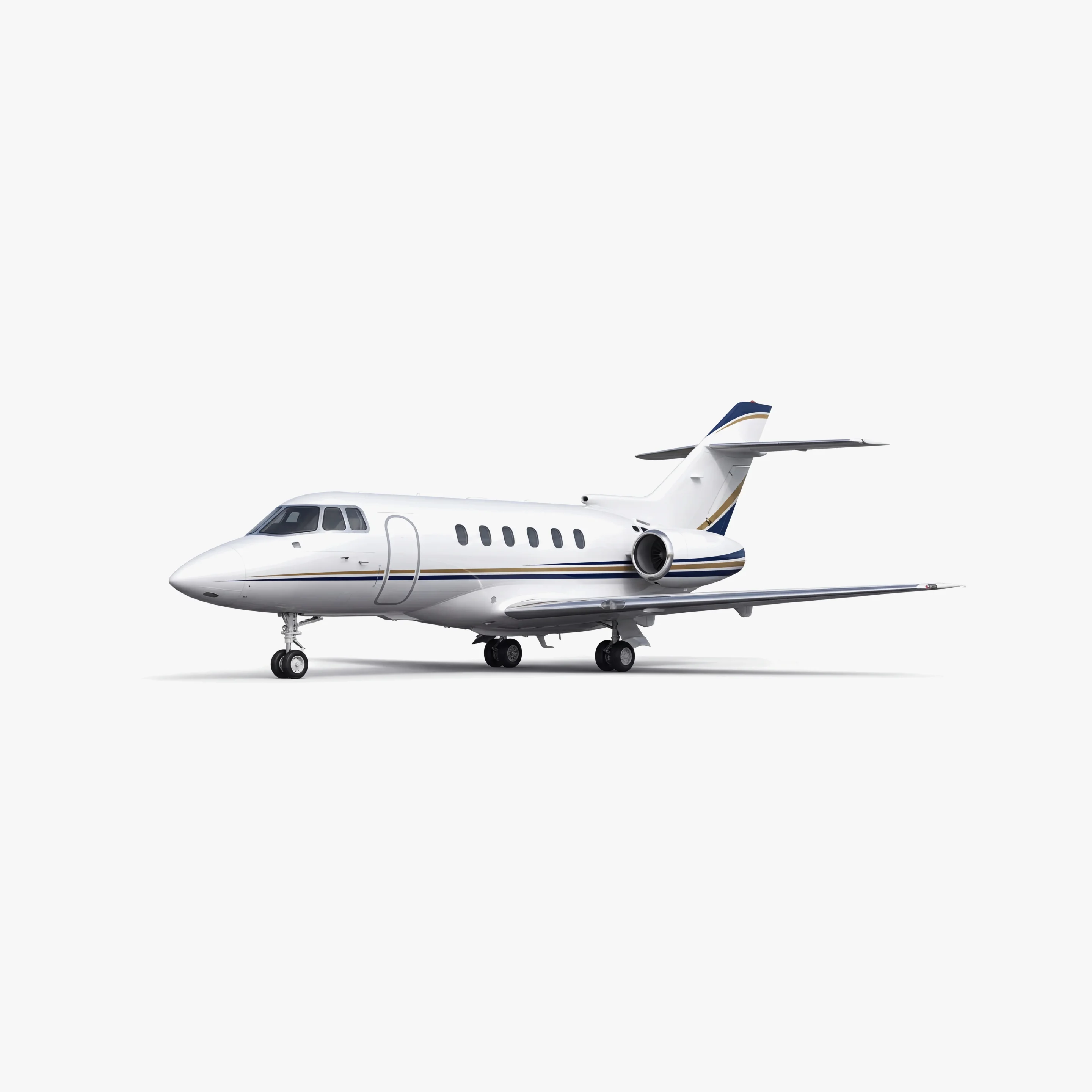 Hawker 800 mid-size business jet with white fuselage, blue and gold accent stripes, and T-tail design