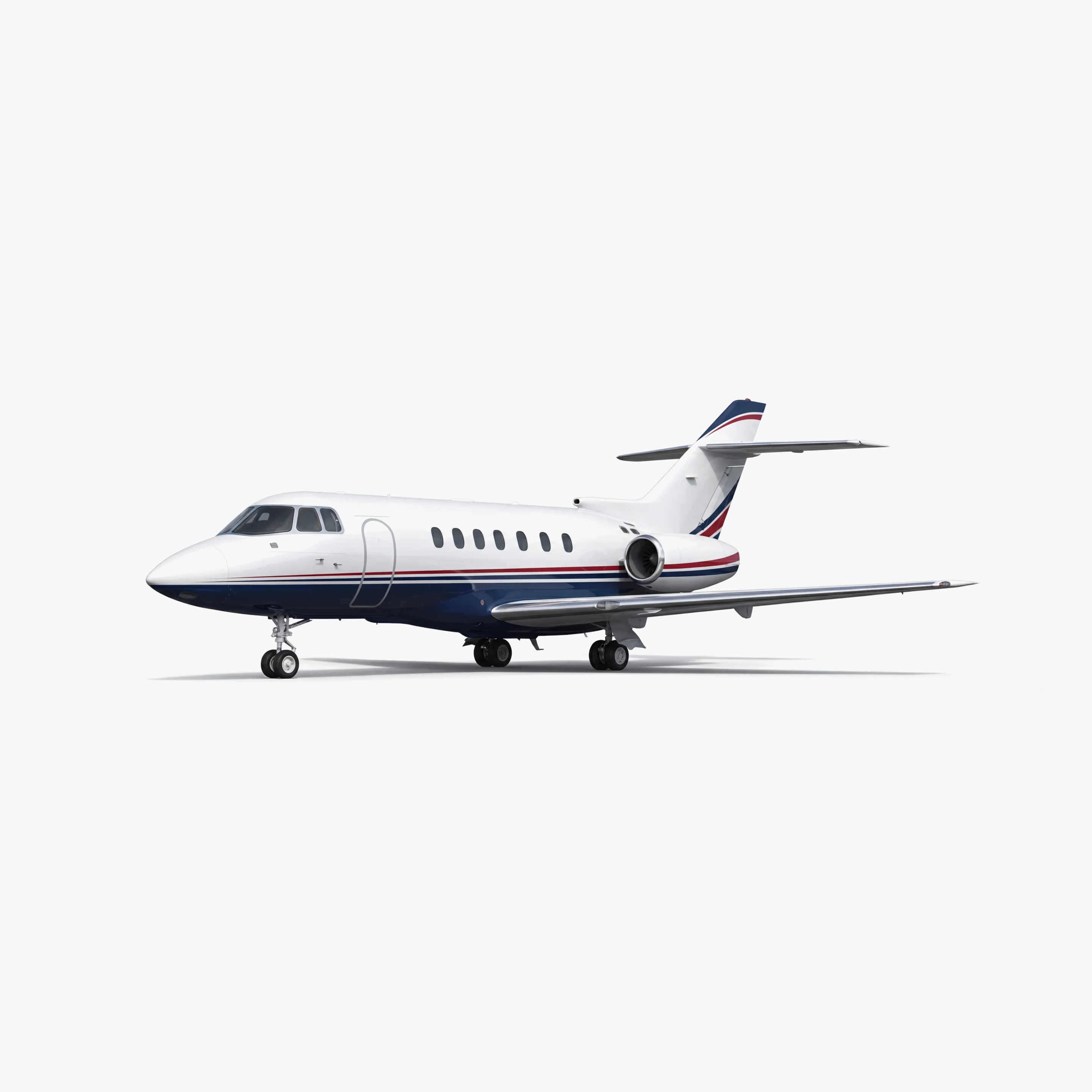 Hawker 850XP mid-size business jet with white fuselage, navy blue and red accent stripes on clean background