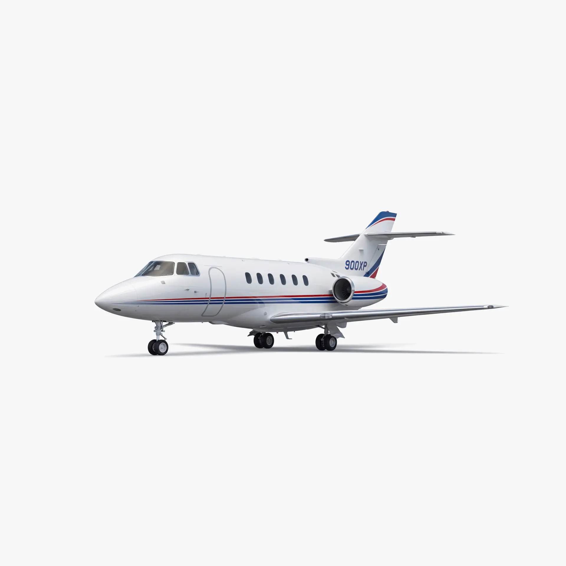 White Hawker 900XP mid-size business jet with blue and red accent stripes, registration 900XP visible