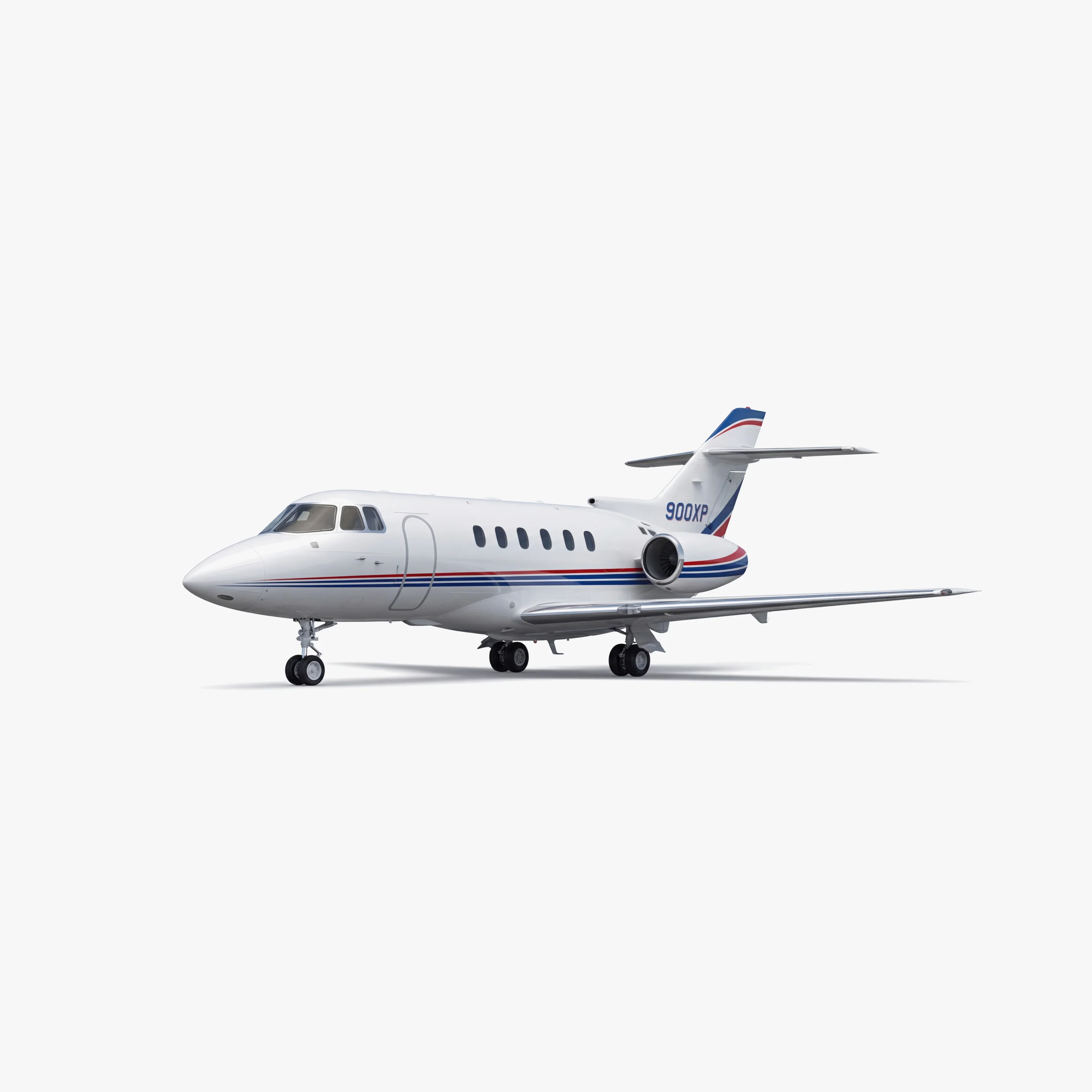 White Hawker 900XP mid-size business jet with blue and red accent stripes, registration 900XP visible
