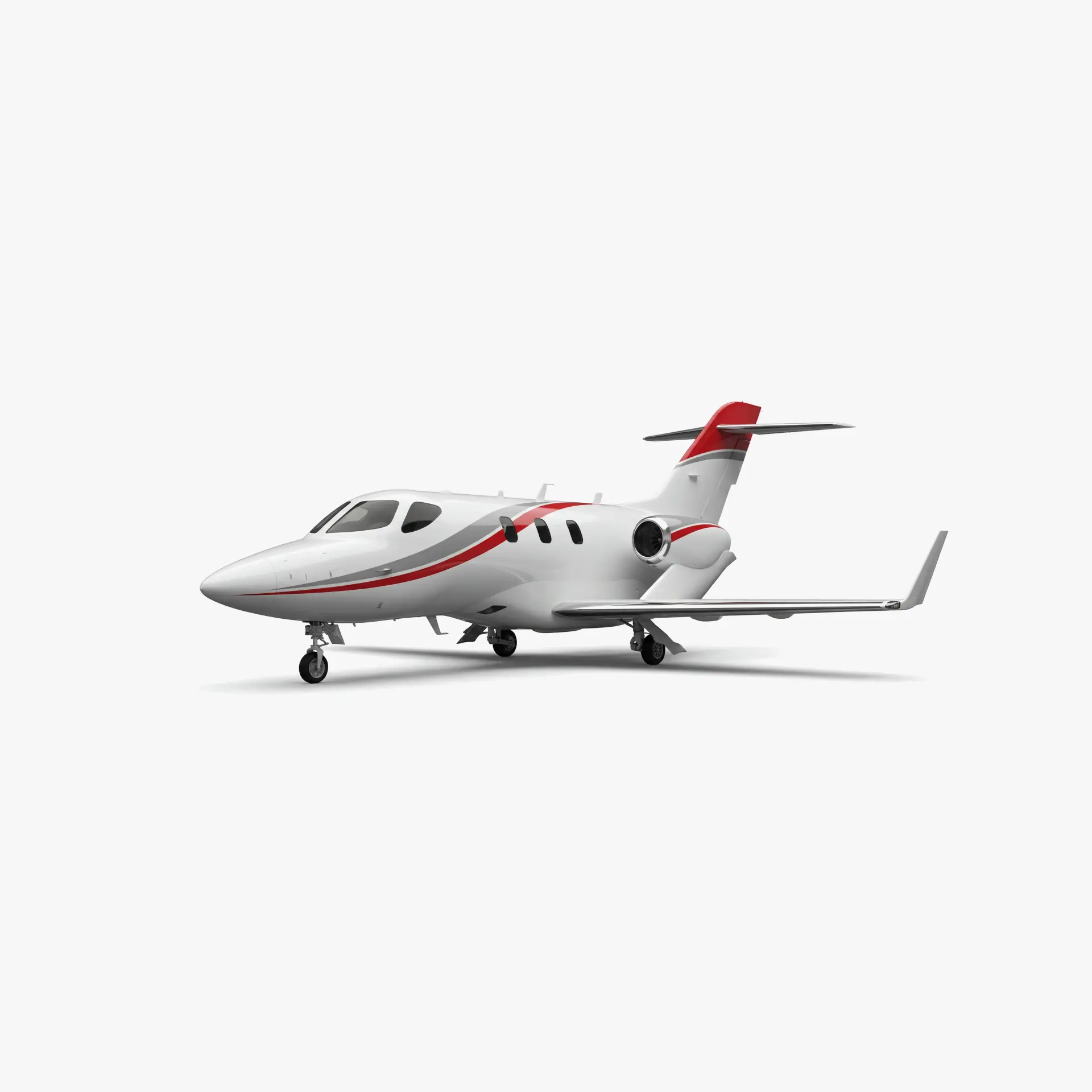 White HondaJet light business aircraft with red accent stripes and rear-mounted engines on clean background