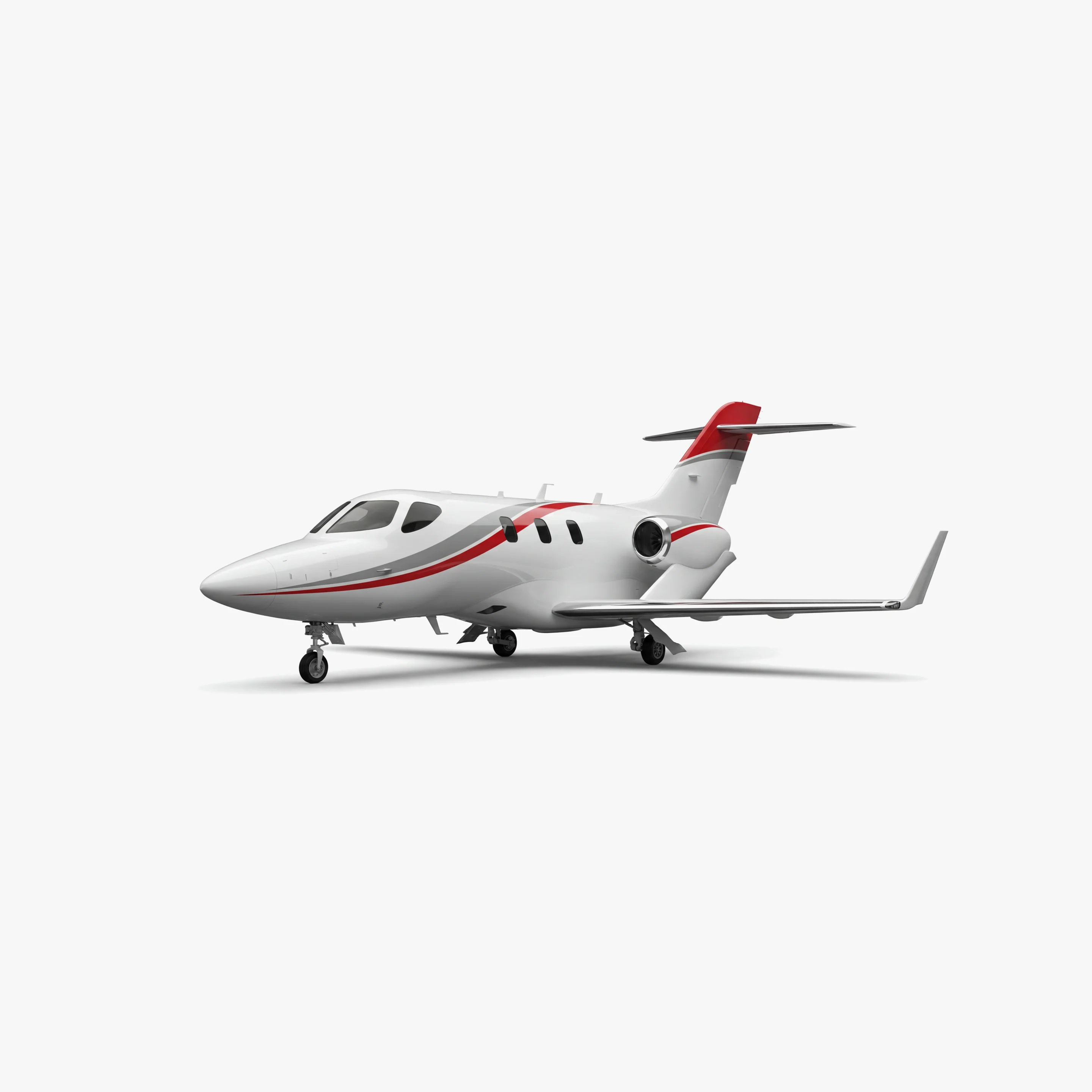White HondaJet light business aircraft with red accent stripes and rear-mounted engines on clean background