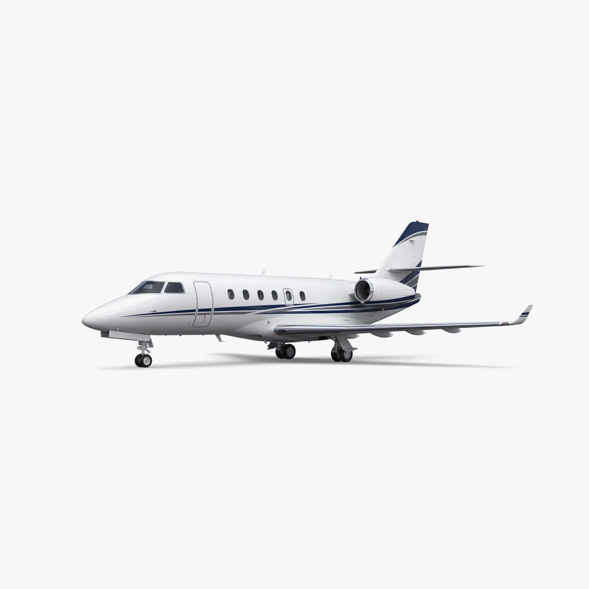 White IAI Astra SPX mid-size business jet with navy blue accent stripes on clean studio background