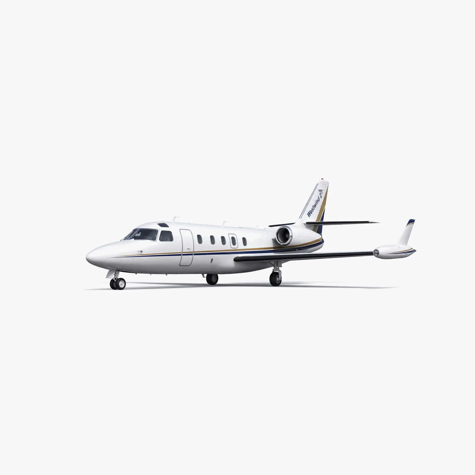 White IAI Westwind mid-size business jet with blue and gold accent stripes on clean studio background