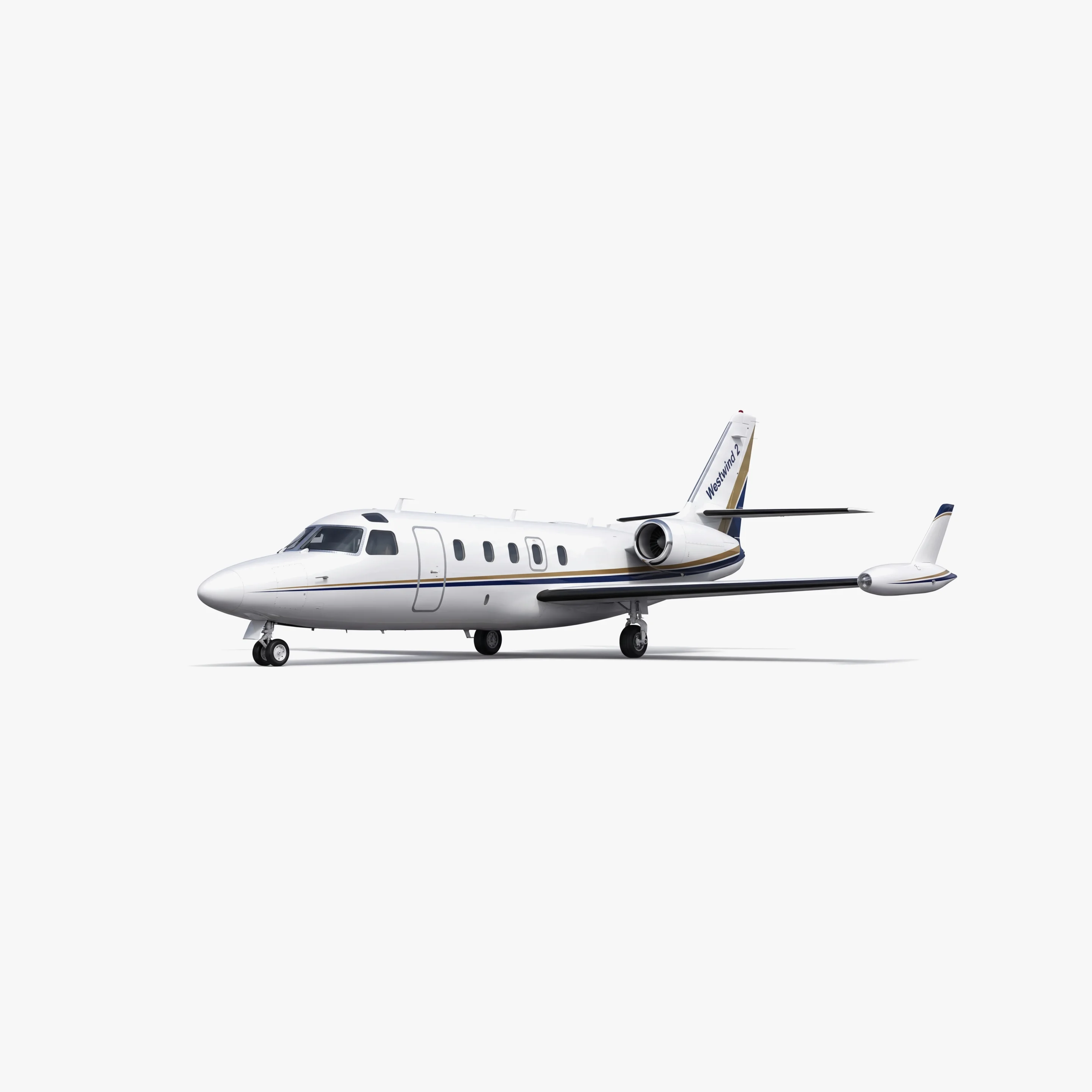 White IAI Westwind mid-size business jet with blue and gold accent stripes on clean studio background