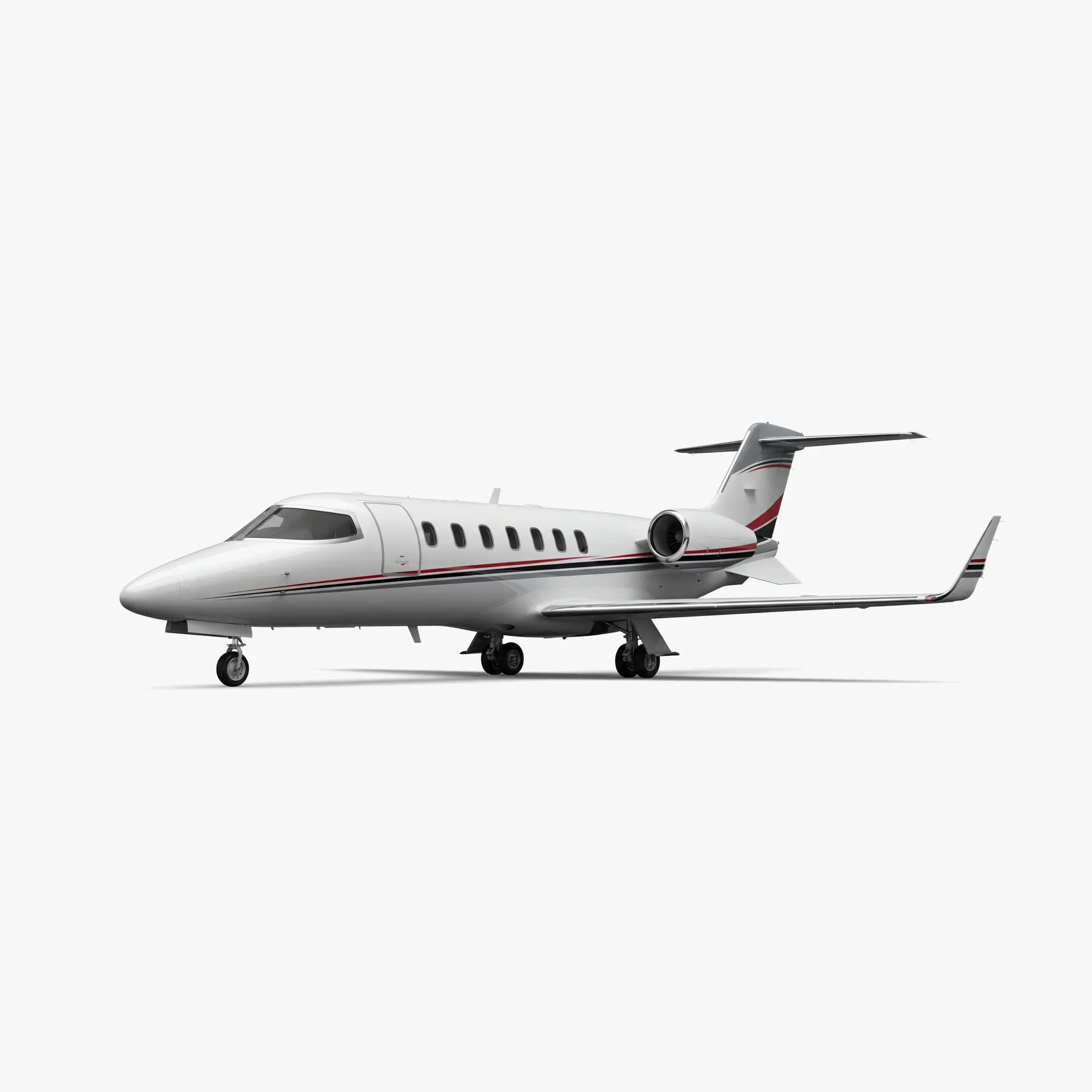 Learjet 40 mid-size business jet in white livery with red accent stripes on clean studio background