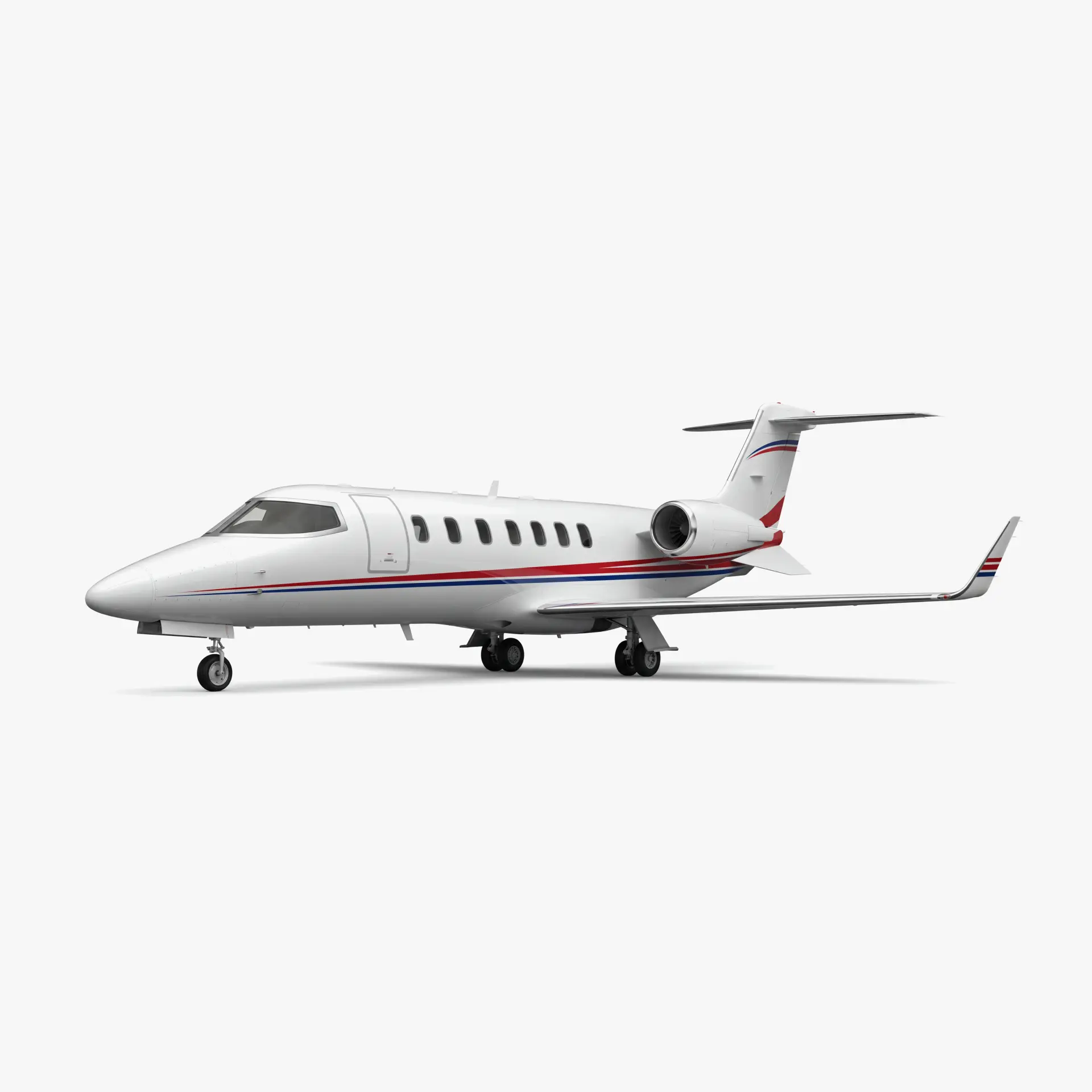 Learjet 45 mid-size business jet with white fuselage, red and blue accent stripes, T-tail design
