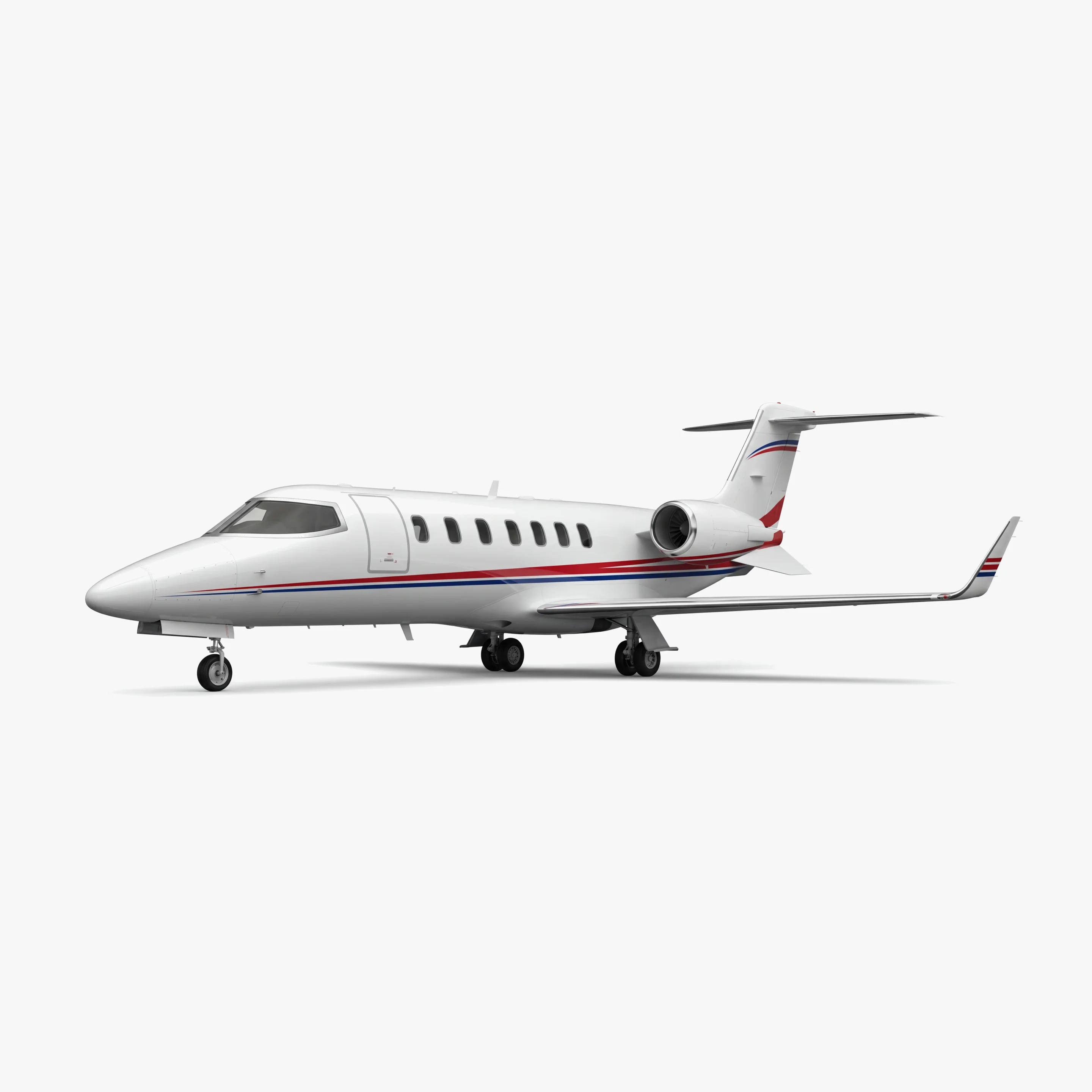 Learjet 45 mid-size business jet with white fuselage, red and blue accent stripes, T-tail design
