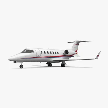 Learjet 45 mid-size business jet with white fuselage, red and blue accent stripes, T-tail design