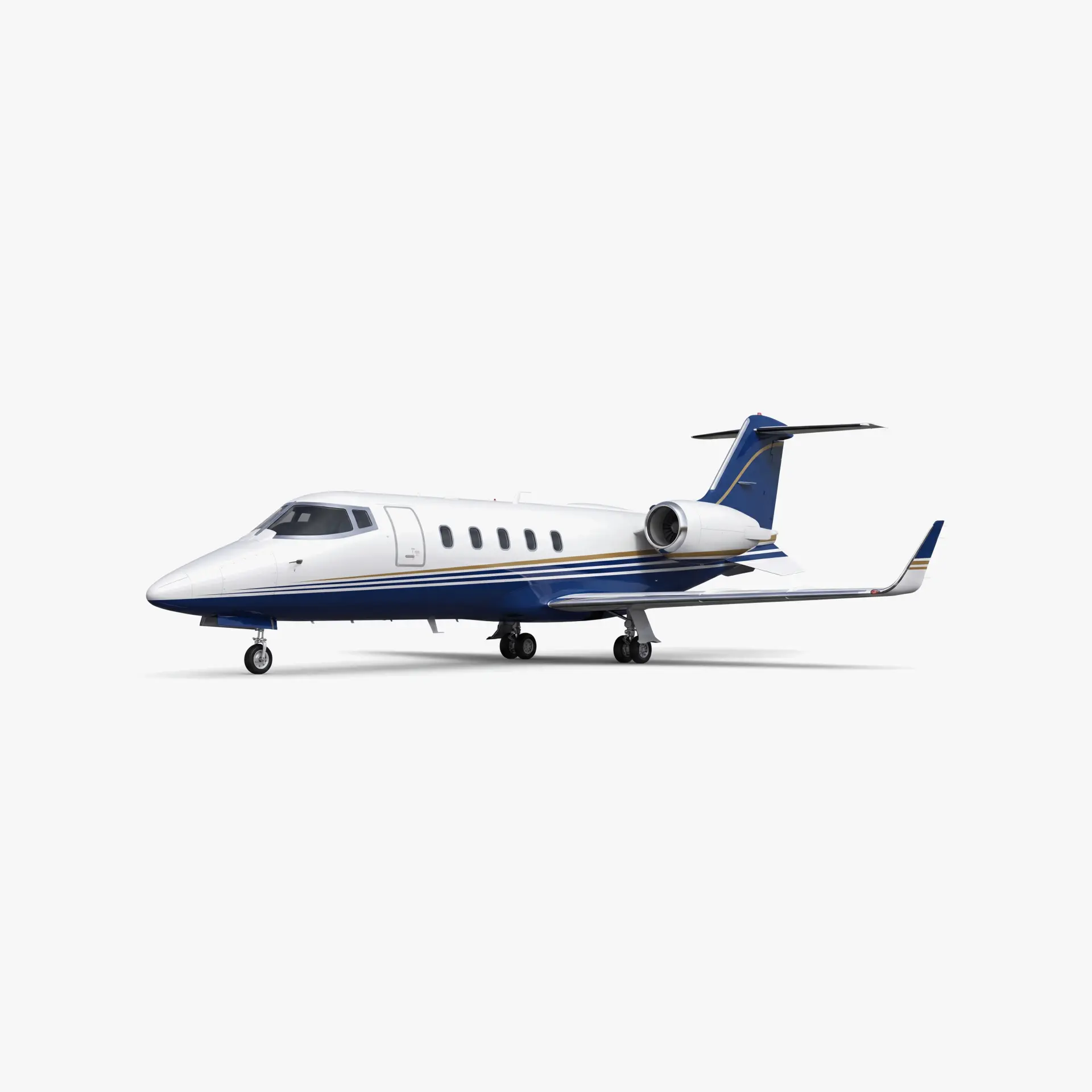 Learjet 60 mid-size business jet with white fuselage, blue accent stripes and T-tail configuration