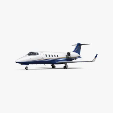Learjet 60 mid-size business jet with white fuselage, blue accent stripes and T-tail configuration