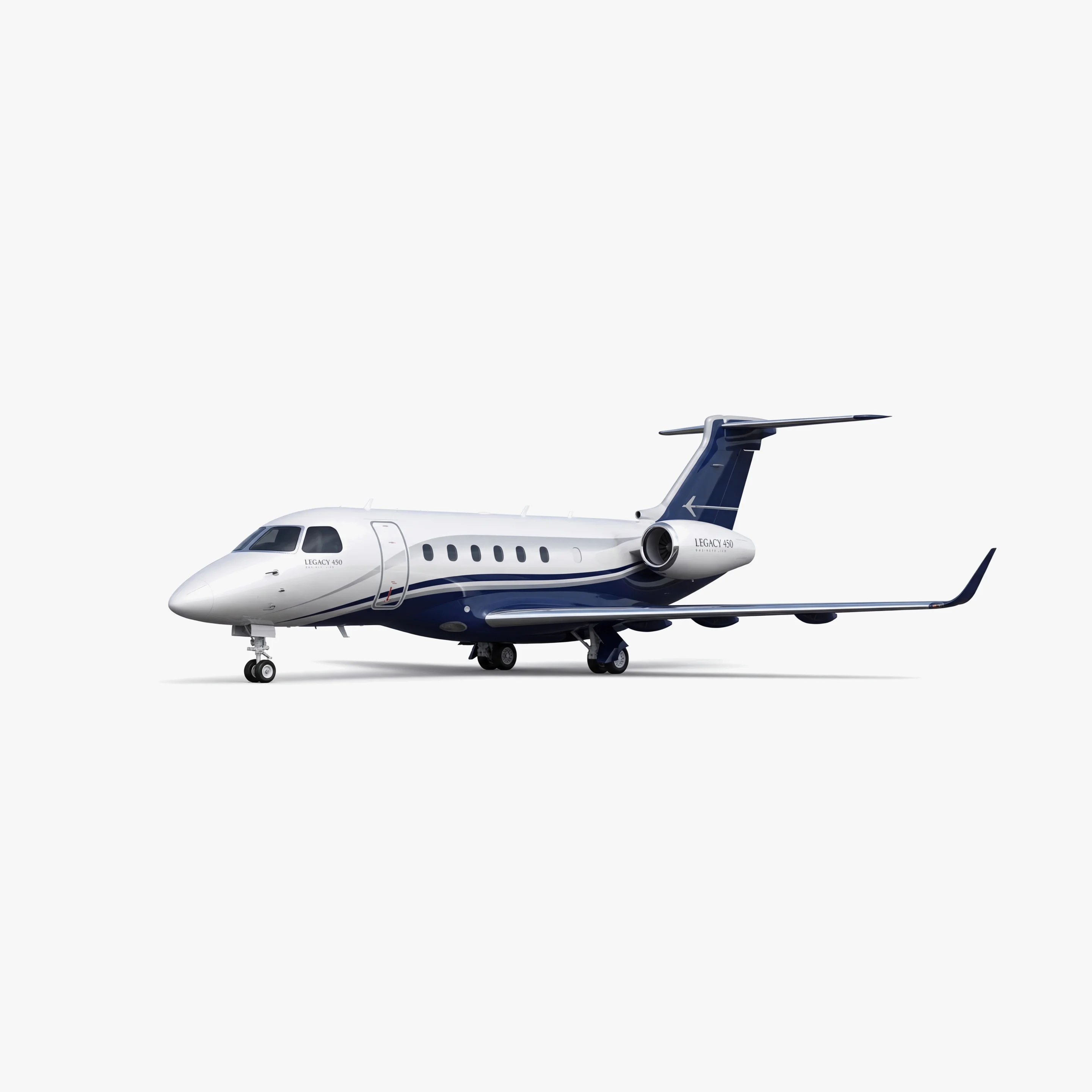Legacy 450 mid-size business jet with white fuselage and blue accents in profile view on white background