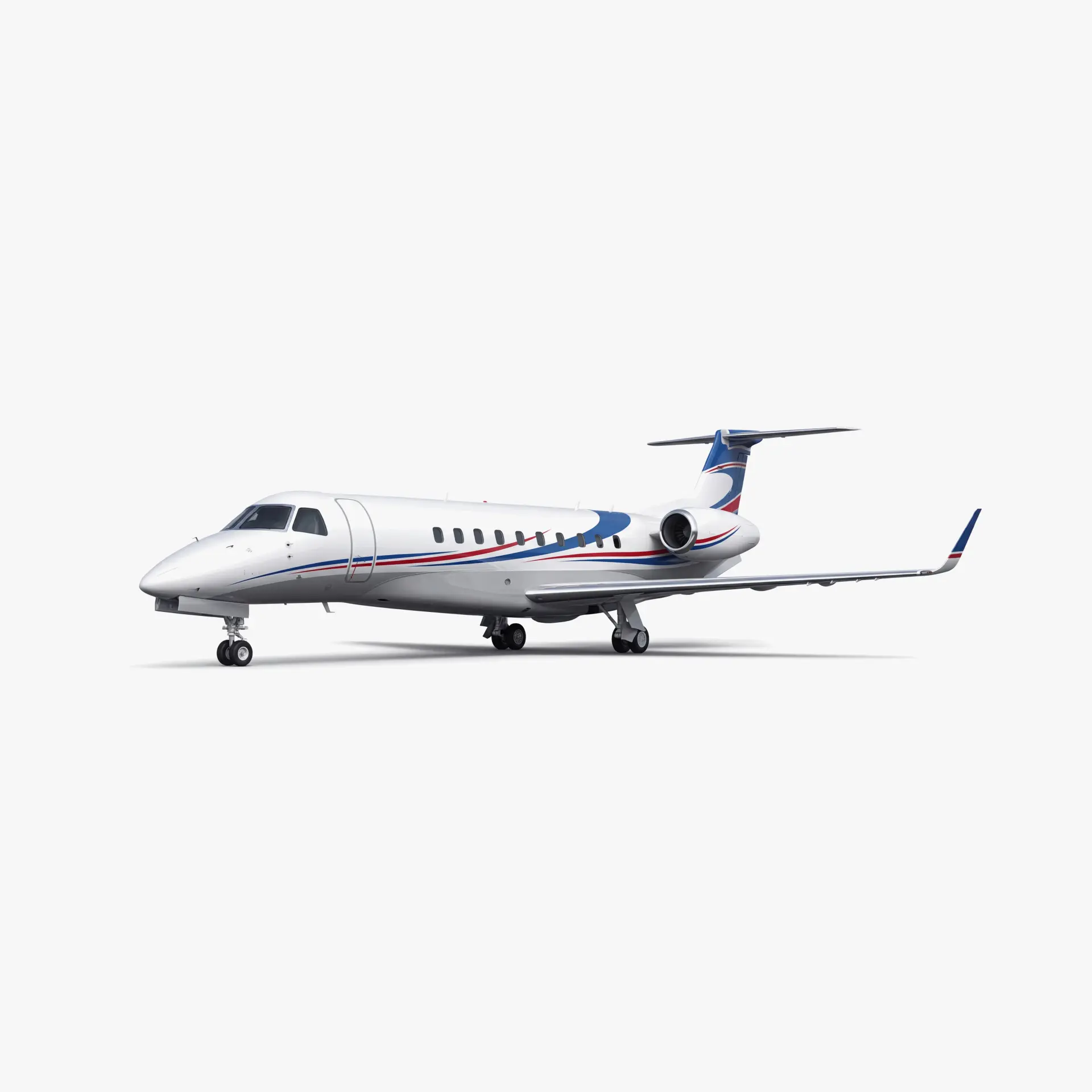 White Legacy 600 business jet with blue and red accent stripes, T-tail configuration on neutral background