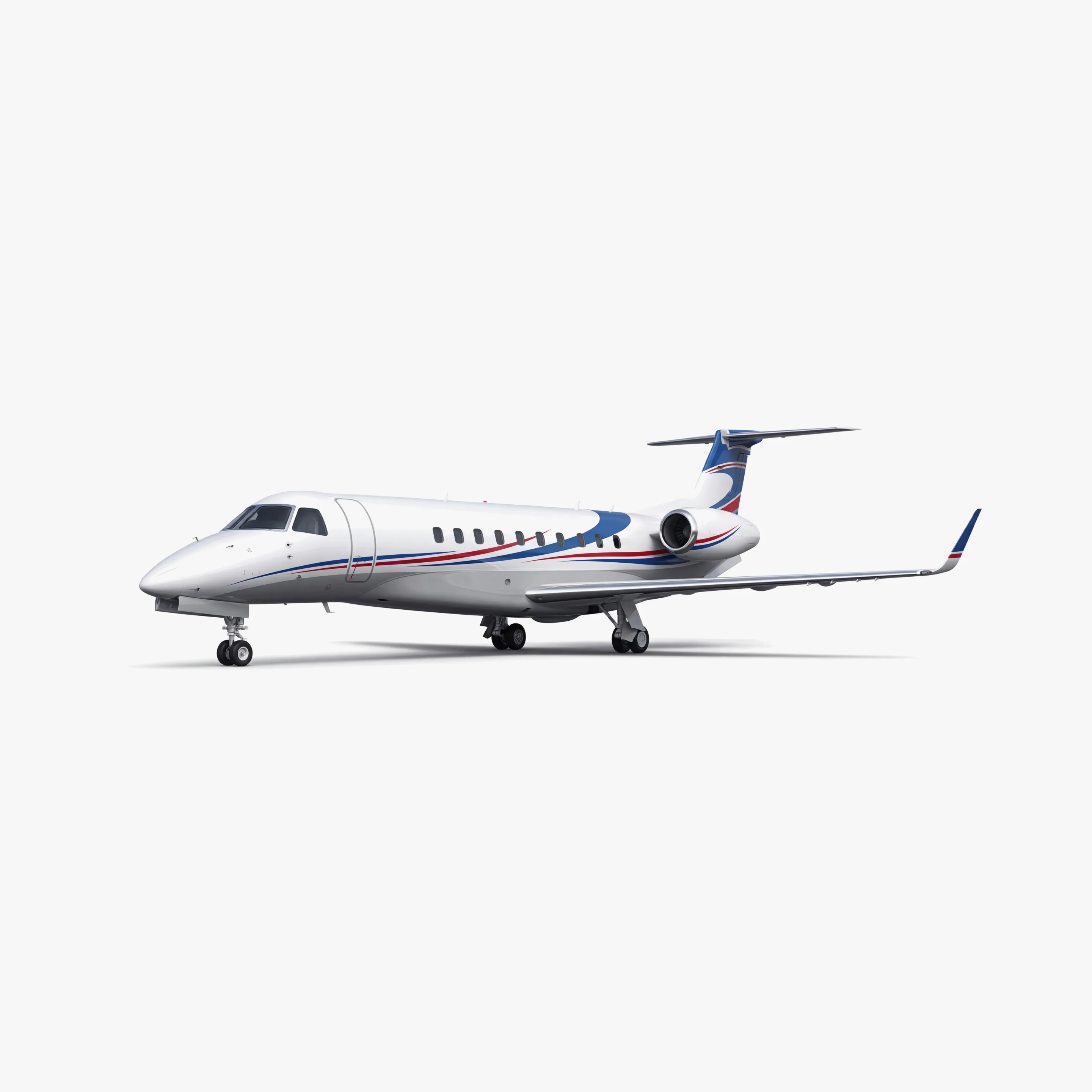 White Legacy 600 business jet with blue and red accent stripes, T-tail configuration on neutral background