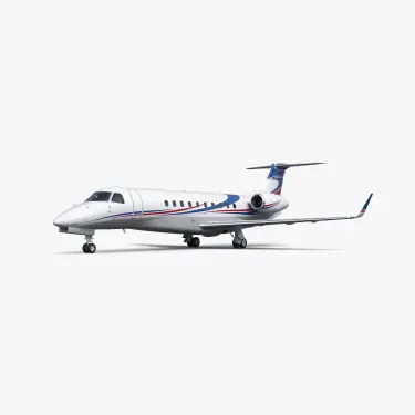 White Legacy 600 business jet with blue and red accent stripes, T-tail configuration on neutral background