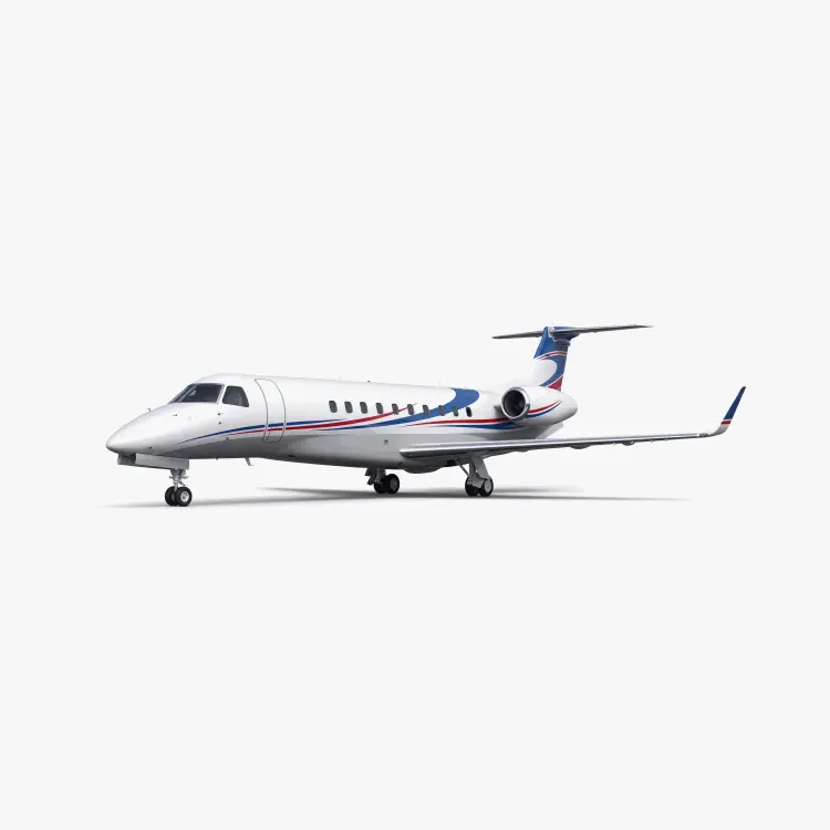 White Legacy 600 business jet with blue and red accent stripes, T-tail configuration on neutral background