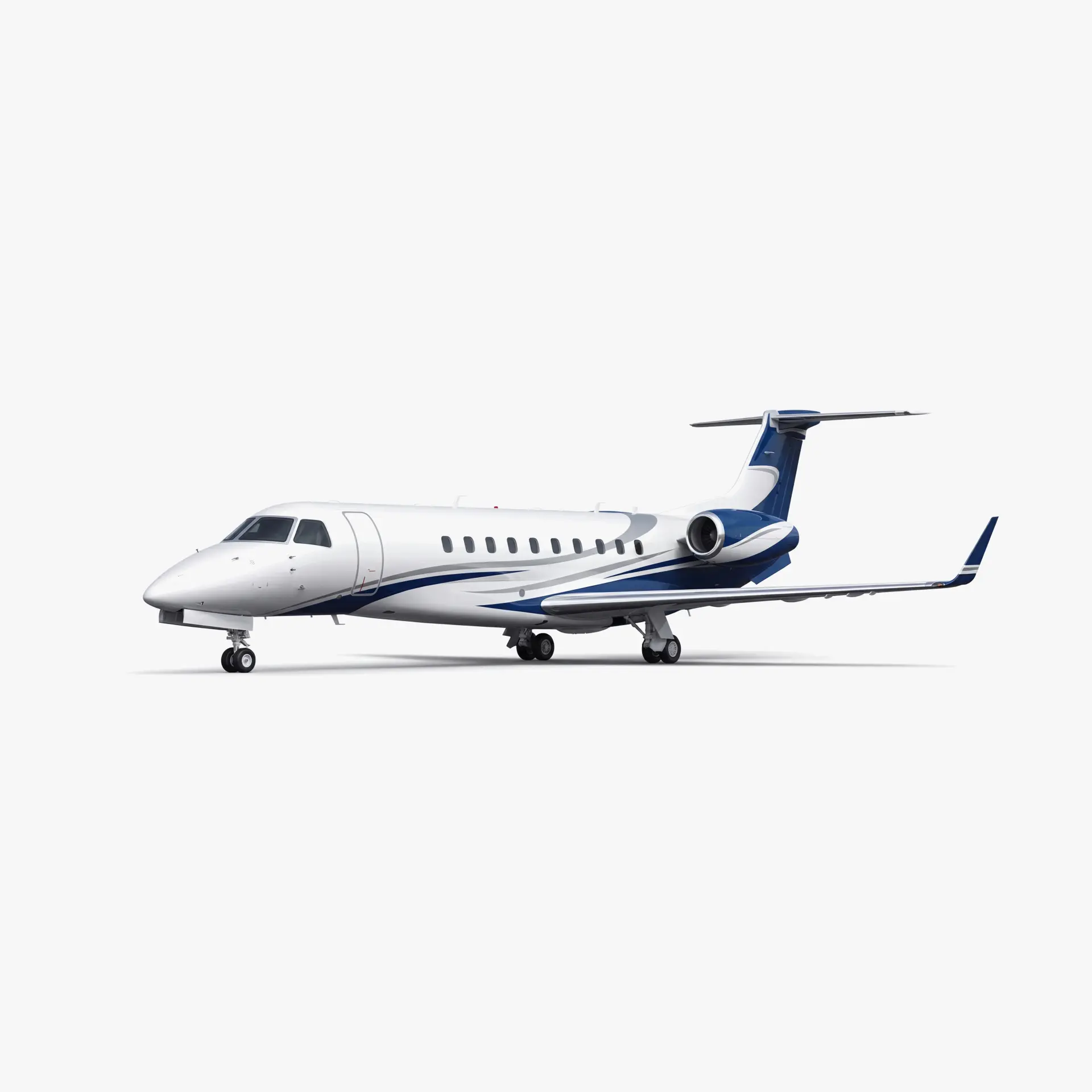Legacy 650 business jet with white fuselage and blue accent stripes, featuring T-tail design