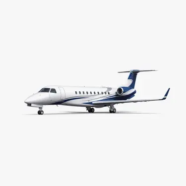 Legacy 650 business jet with white fuselage and blue accent stripes, featuring T-tail design