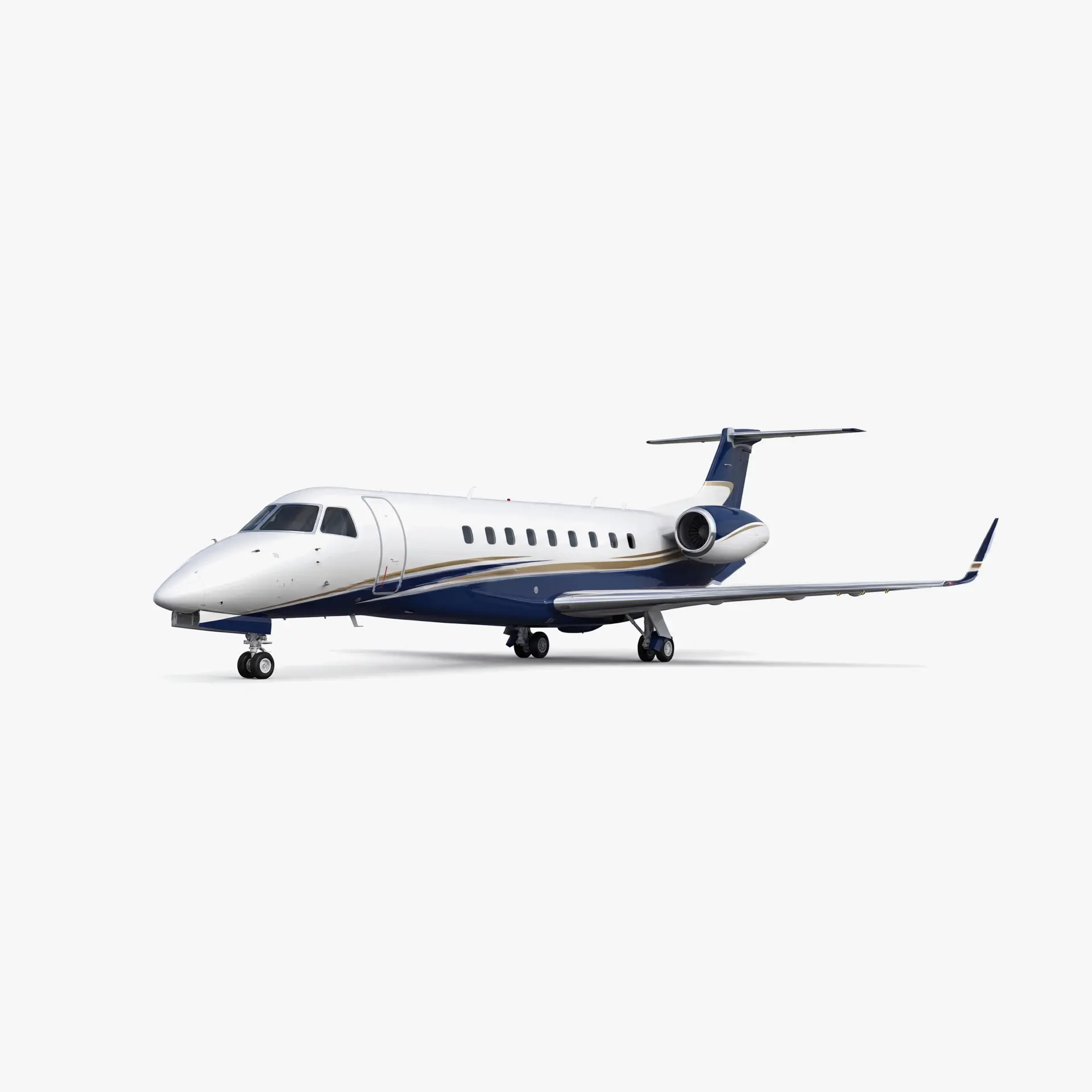 Legacy 650E business jet with white fuselage, navy blue accents and rear-mounted engines on clean background
