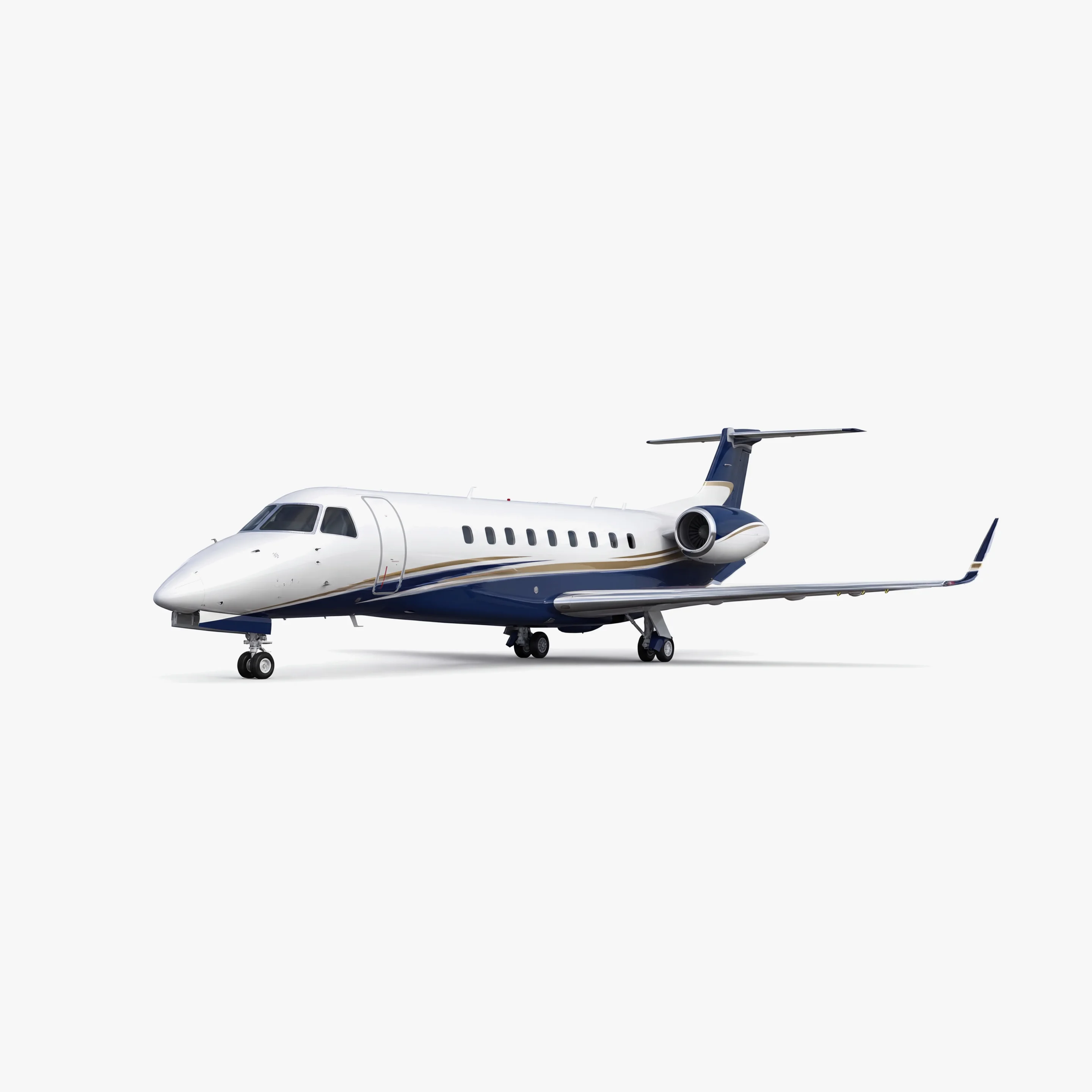 Legacy 650E business jet with white fuselage, navy blue accents and rear-mounted engines on clean background