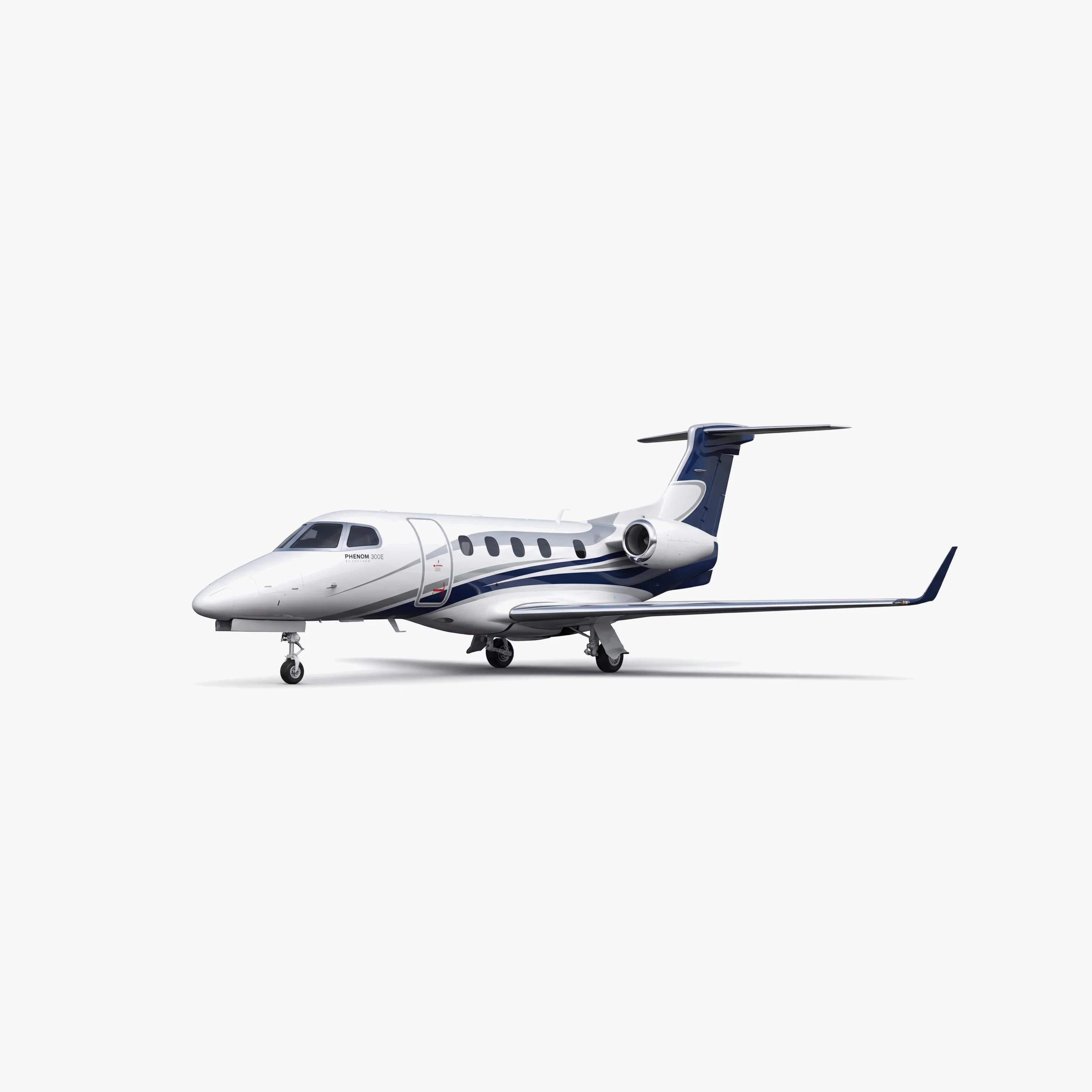 Sleek white Phenom 300E light jet with navy blue accents and T-tail design on neutral background
