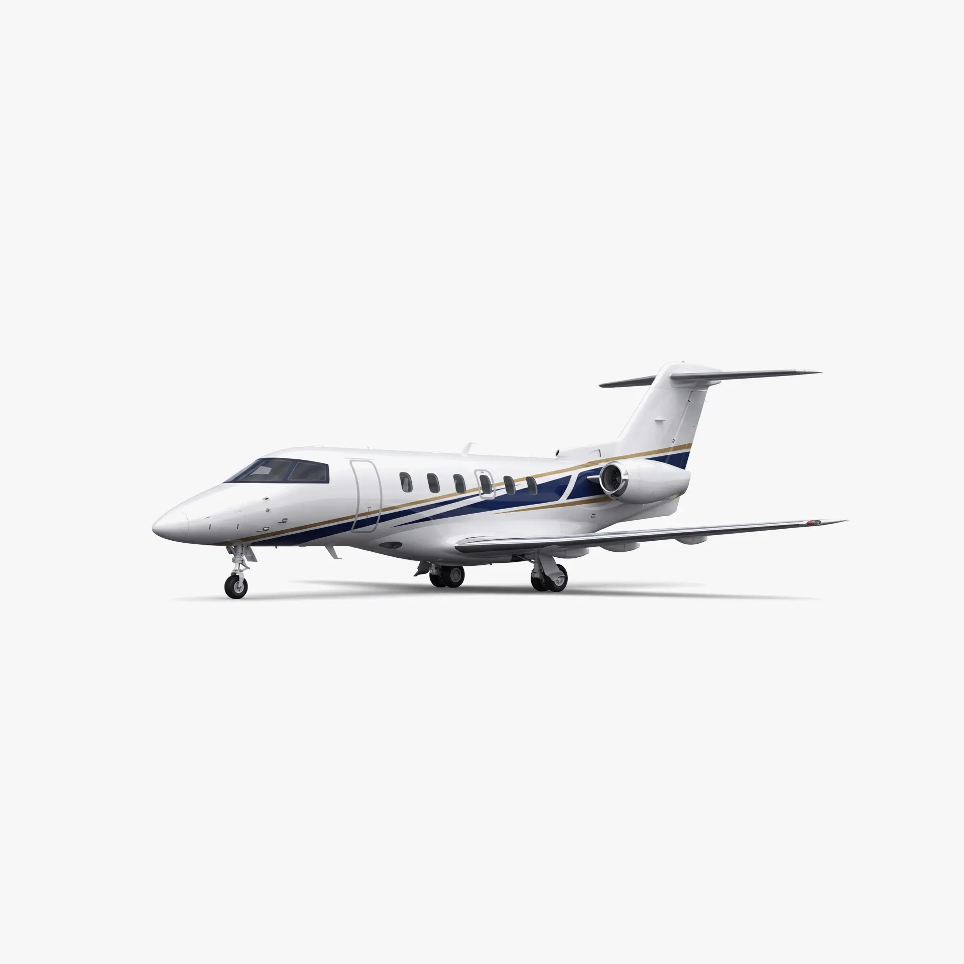 White Pilatus PC-24 super versatile jet with blue accent stripes on clean studio background