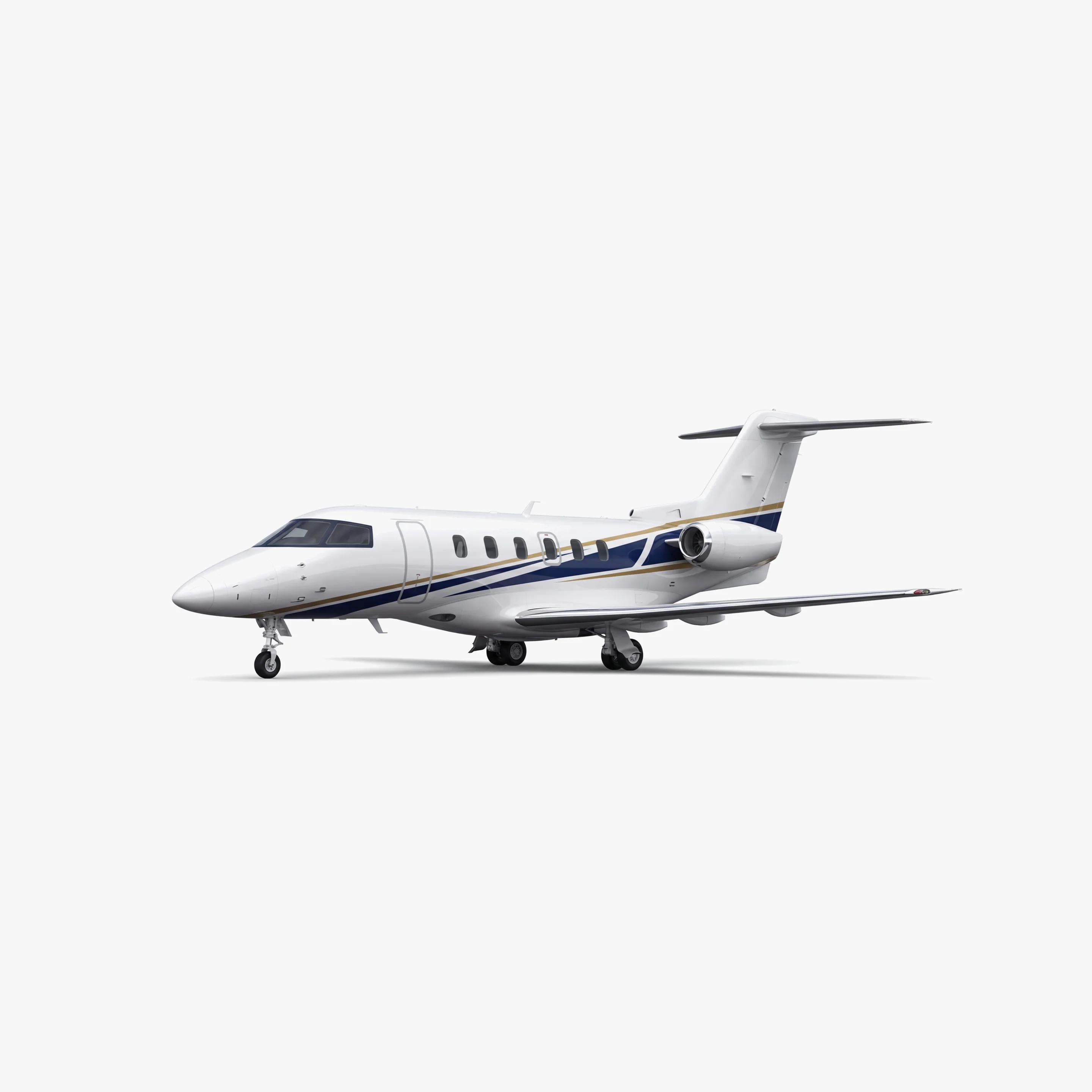 White Pilatus PC-24 super versatile jet with blue accent stripes on clean studio background