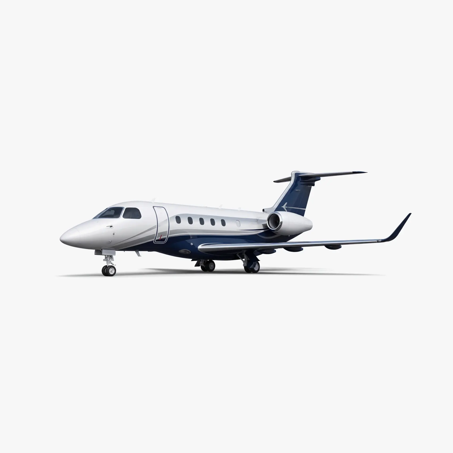 Praetor 500 mid-size business jet with white and blue livery, T-tail configuration and rear-mounted engines