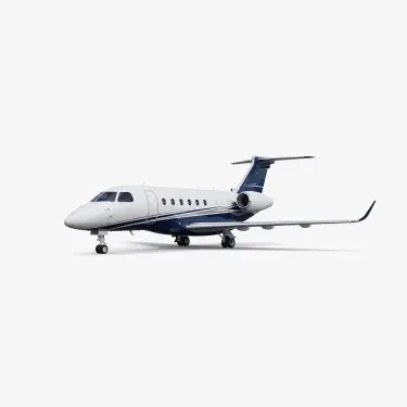 White Praetor 600 mid-size business jet with blue accent stripes on clean studio background