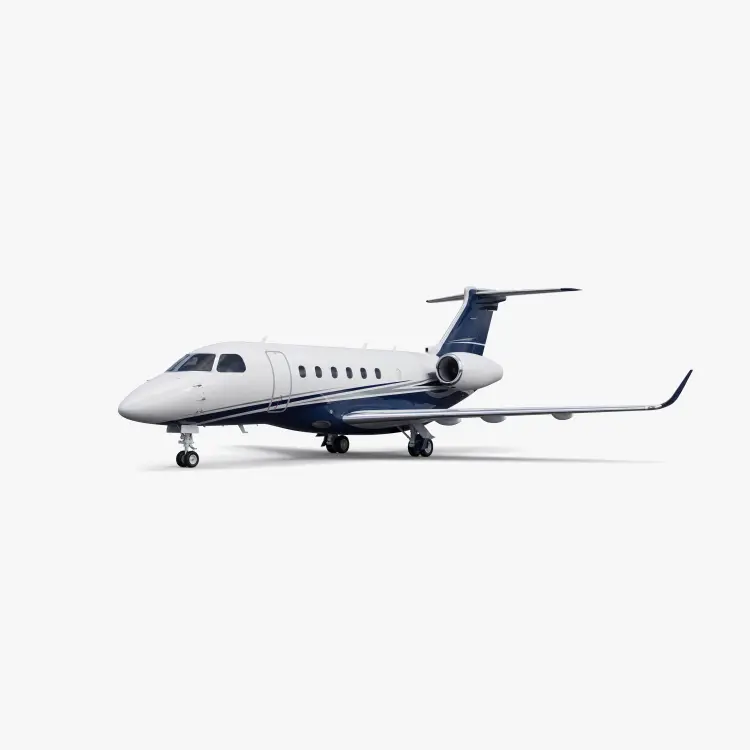 White Praetor 600 mid-size business jet with blue accent stripes on clean studio background