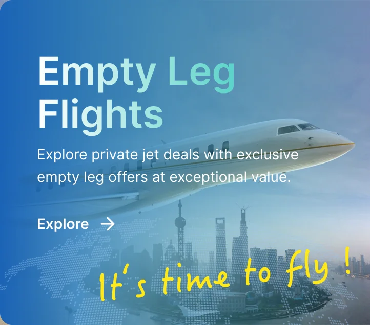 Luxury private jet flying over city skyline with 'Empty Leg Flights' promotional banner and yellow airplane icon