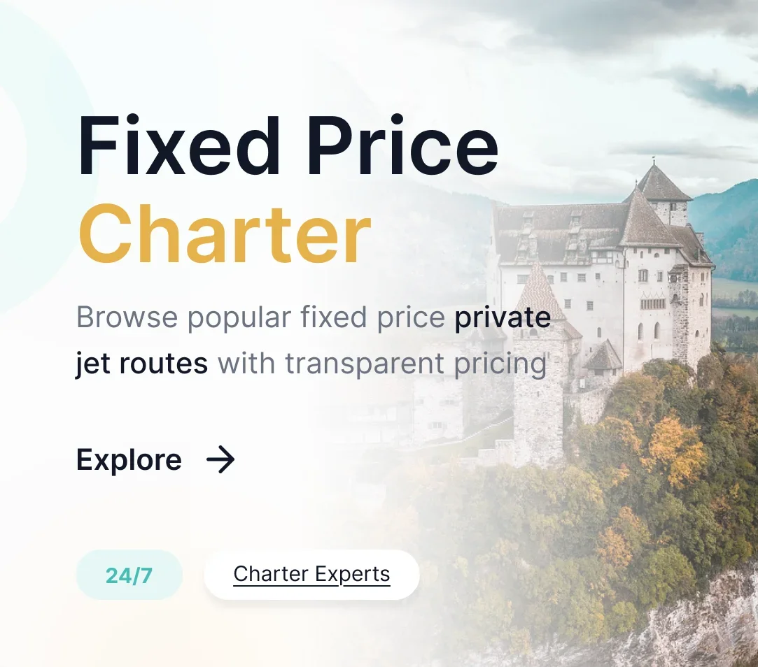 Medieval castle overlooking alpine valley with flight path graphic promoting fixed price private jet charter