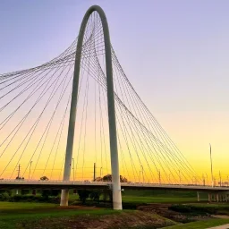 Margaret Hunt Hill Bridge in Dallas with cable-stayed design against golden sunset sky