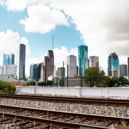 Houston downtown skyline with modern skyscrapers and railway tracks in foreground under cloudy sky