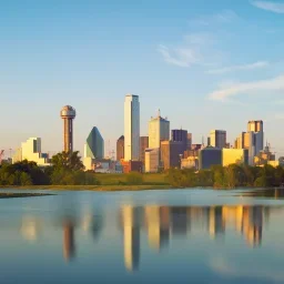 Dallas skyline reflecting in Trinity River at golden hour with downtown skyscrapers and blue sky