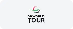 DP World Tour logo featuring green and red curved design elements above black text
