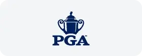PGA logo featuring blue trophy cup with handles above bold lettering on white background