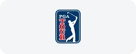 PGA TOUR official logo featuring golfer silhouette in red, white and blue shield design