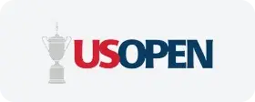 US Open golf championship official logo featuring trophy icon and red and blue text